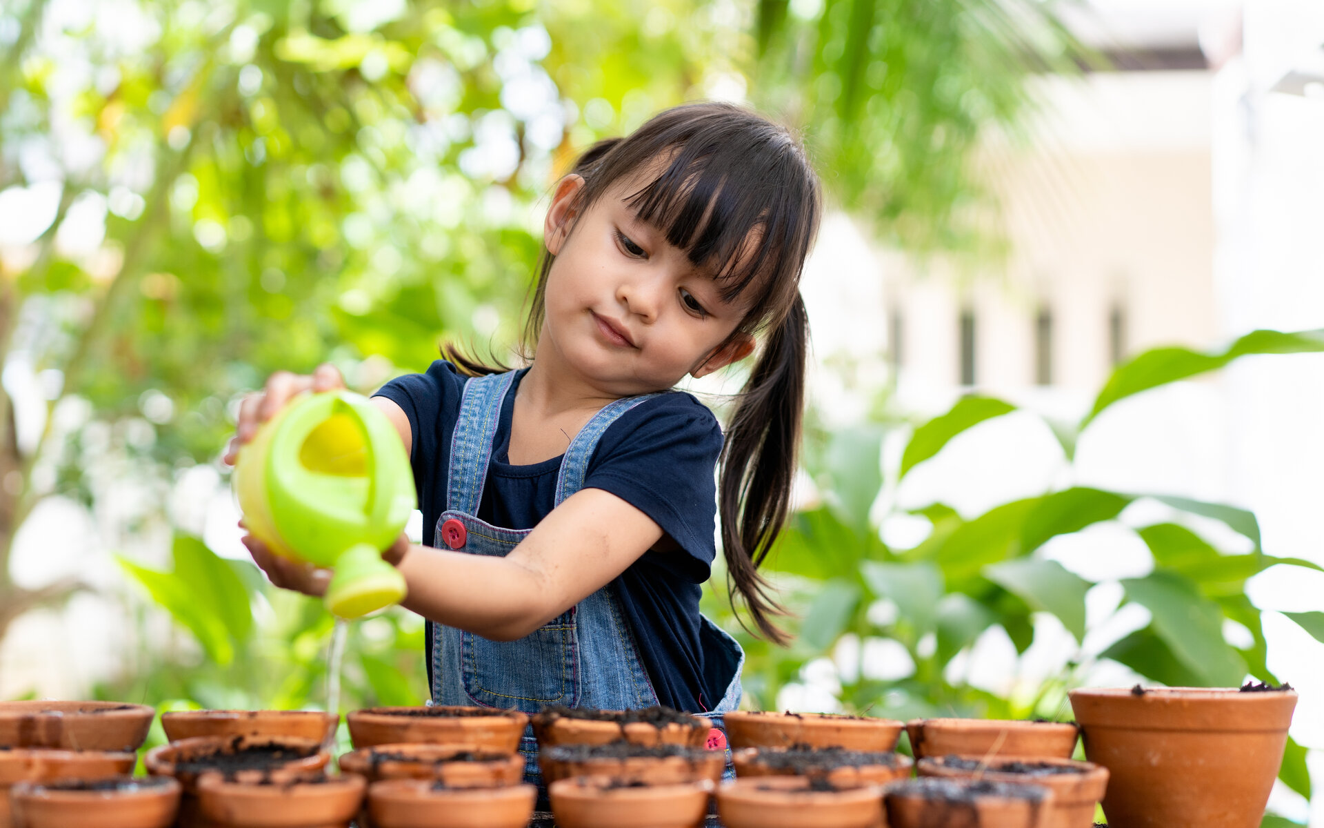 Kleines Mädchen gießt Pflanzen in Töpfen außerhalb des Hauses, Konzept der Lernaktivität für den Pflanzenanbau für Vorschulkinder